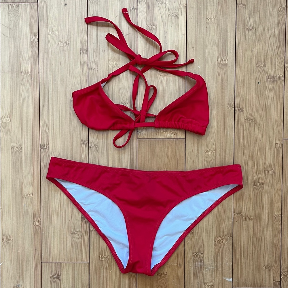 SOLID & STRIPED Classic ruby Red Bikini Set Elle bottom Iris string top L S